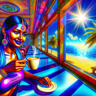 The primary subject of the image is a woman sitting at a table with a cup of coffee. She is wearing a blue dress and has a blue cup in her hand. The setting is a restaurant with a window view of the beach. The visual style is a digital art or illustration, creating a vibrant and colorful atmosphere. The dominant colors are blue, purple, and yellow, which contribute to the overall mood of the scene.
